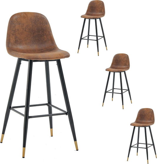 MEUBLE COSY Barkrukken, set van 4 barstoel vintage, met rugleuning en voetensteun, van kunstsuède, vergulde metalen poten, voor bistro, café, keuken, bruin, 45,5x49x103,5cm