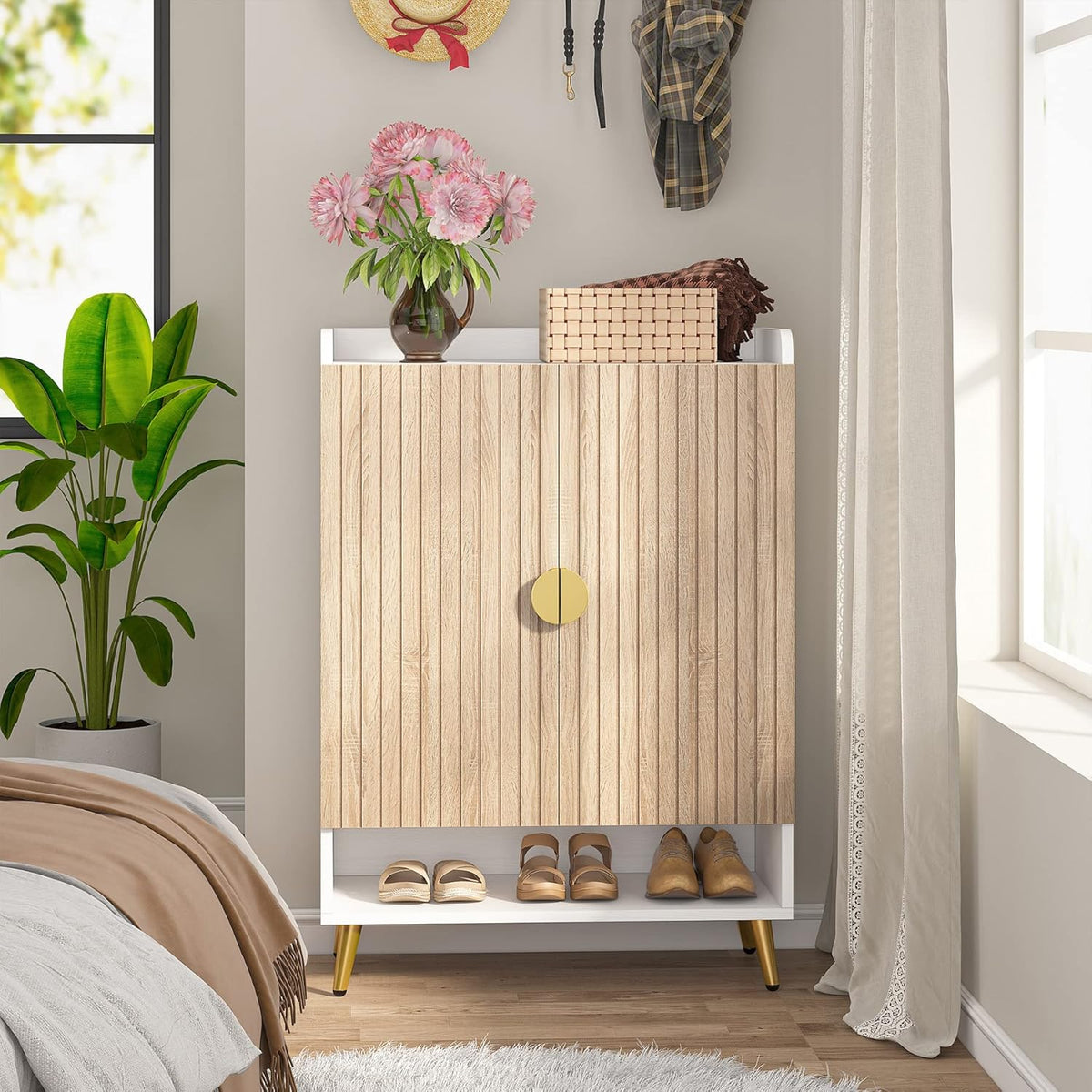 Tribesigns Shoe Cabinet with Doors, 7 Tier Shoe Storage Cabinet with Adjustable Shelves, Wooden Shoe Rack, Shoe Storage for Entrance, Hallway, Closet, Living Room, Wood and Gold