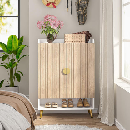 Tribesigns Shoe Cabinet with Doors, 7 Tier Shoe Storage Cabinet with Adjustable Shelves, Wooden Shoe Rack, Shoe Storage for Entrance, Hallway, Closet, Living Room, Wood and Gold