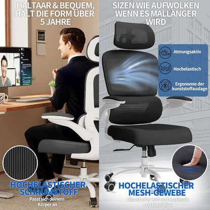 TRALT Bureaustoel Ergonomisch - Bureaustoel met Verstelbare Lendensteun Hoofdsteun Gaming Stoel - Office Chair - Bureaustoel Thuiskantoor Stoel Ergonomisch 150kg voor Grote Mensen Wit-Zwart