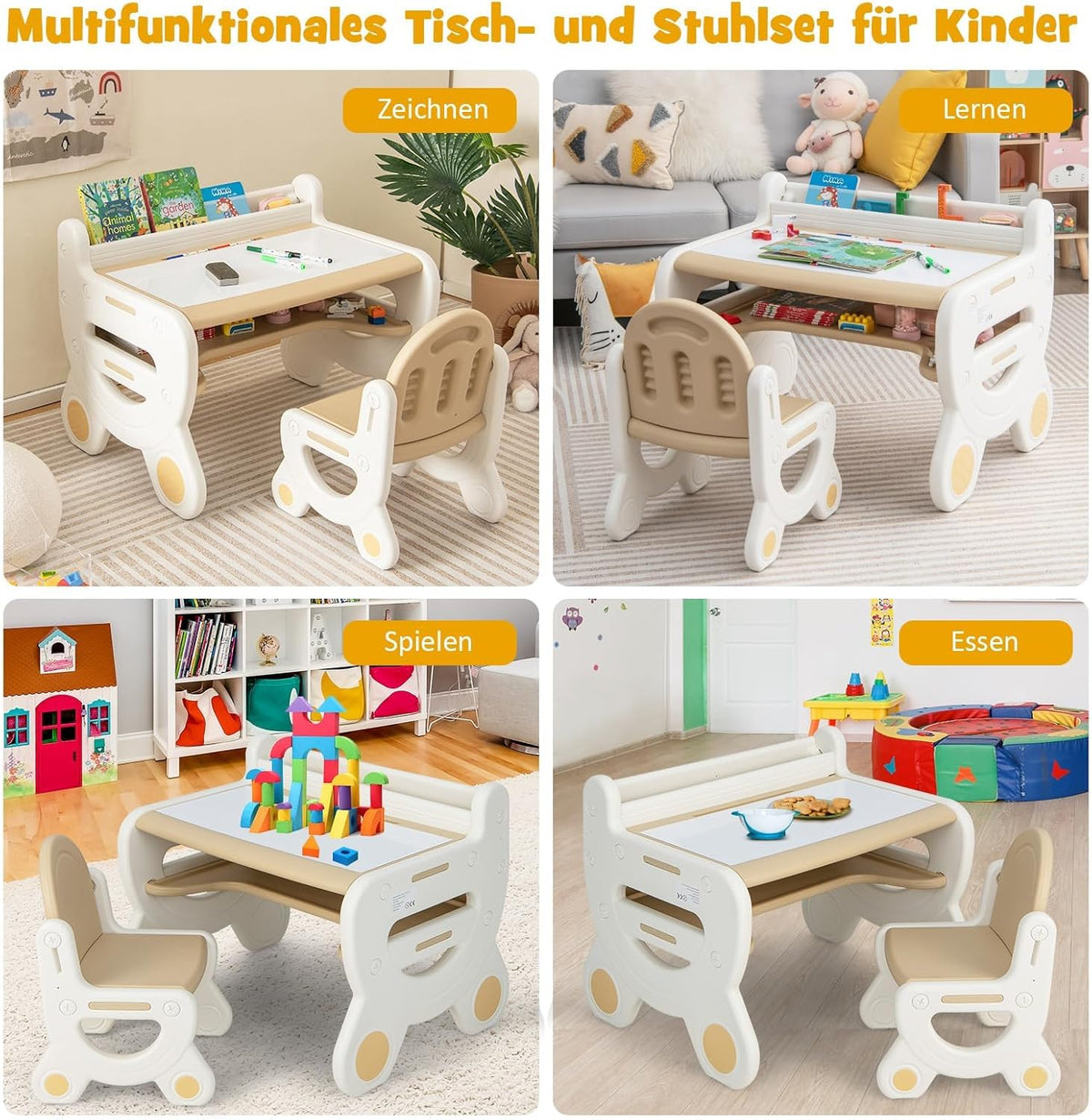 FANTASK Kinderzitgroep met in hoogte en kantelbaar tafelblad, kindertafel met kruk, om te tekenen, leren, spelen en eten, voor kinderen vanaf 3 jaar (bruin)