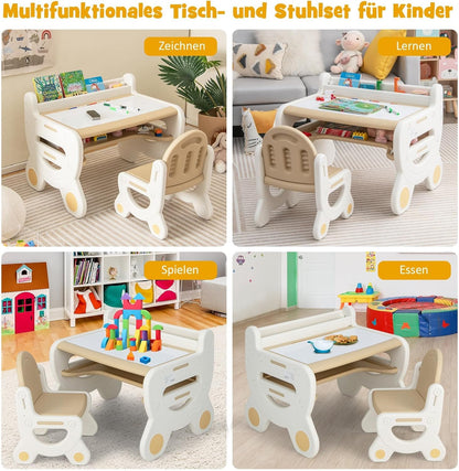 FANTASK Kinderzitgroep met in hoogte en kantelbaar tafelblad, kindertafel met kruk, om te tekenen, leren, spelen en eten, voor kinderen vanaf 3 jaar (bruin)