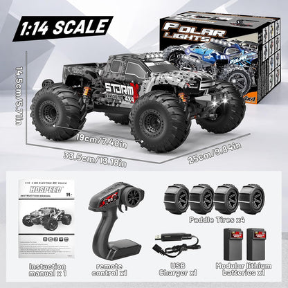RC Auto 1:14 – RC Wagen – Radiografisch Bestuurbare Auto – Monstertruck – Offroad Voertuig – 4x4 Vierwielaandrijving – 40 km/u Snelheid – 2×1300mAh Batterijen & 2 Sets Banden