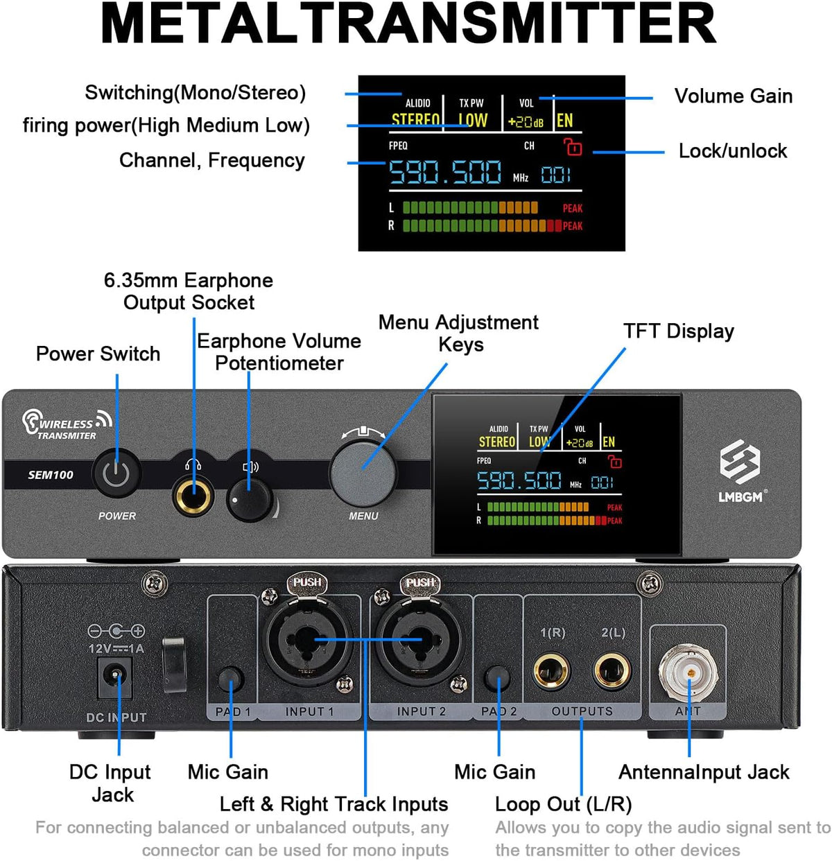 Draadloos in-ear monitorsysteem – IEM-systeem – In-ear monitor – Draadloze monitor – Podiummonitor – 1-Kanaals Set – Mono en stereomodus – UHF 550-580 MHz met 16 instelbare frequenties
