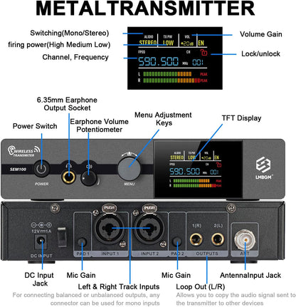 Draadloos in-ear monitorsysteem – IEM-systeem – In-ear monitor – Draadloze monitor – Podiummonitor – 1-Kanaals Set – Mono en stereomodus – UHF 550-580 MHz met 16 instelbare frequenties