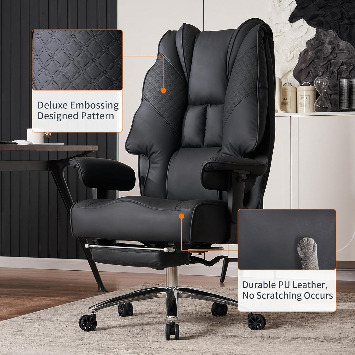 Bureaustoel – Kantoorstoel – Directiestoel – Werkstoel – Gamingstoel – XXL Zitting 57,5 cm – Ergonomische Hoge Rugleuning met Lendesteun