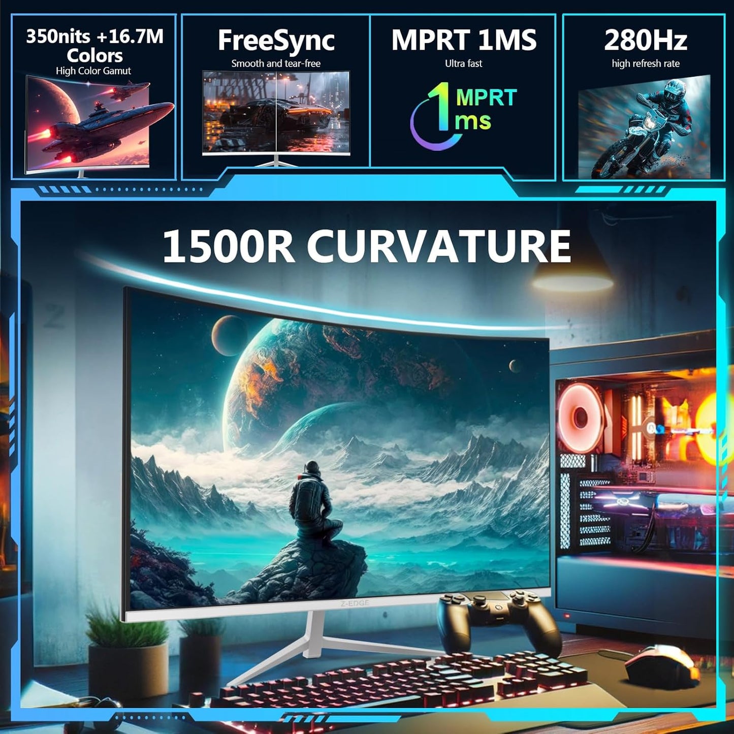 Z-Edge Wit Gebogen Gaming PC-scherm 27'' 280 Hz (DP), 240 Hz (HDMI), 1ms, FHD, FreeSync, Witte Gamingmonitor 16:9, Verstelbare helling, 1500R, 2×HDMI2.0 & 2×DP1.2, 178° Kijkhoek(HDMI-kabel inbegrepen)