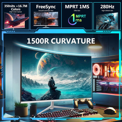 Z-Edge Wit Gebogen Gaming PC-scherm 27'' 280 Hz (DP), 240 Hz (HDMI), 1ms, FHD, FreeSync, Witte Gamingmonitor 16:9, Verstelbare helling, 1500R, 2×HDMI2.0 & 2×DP1.2, 178° Kijkhoek(HDMI-kabel inbegrepen)