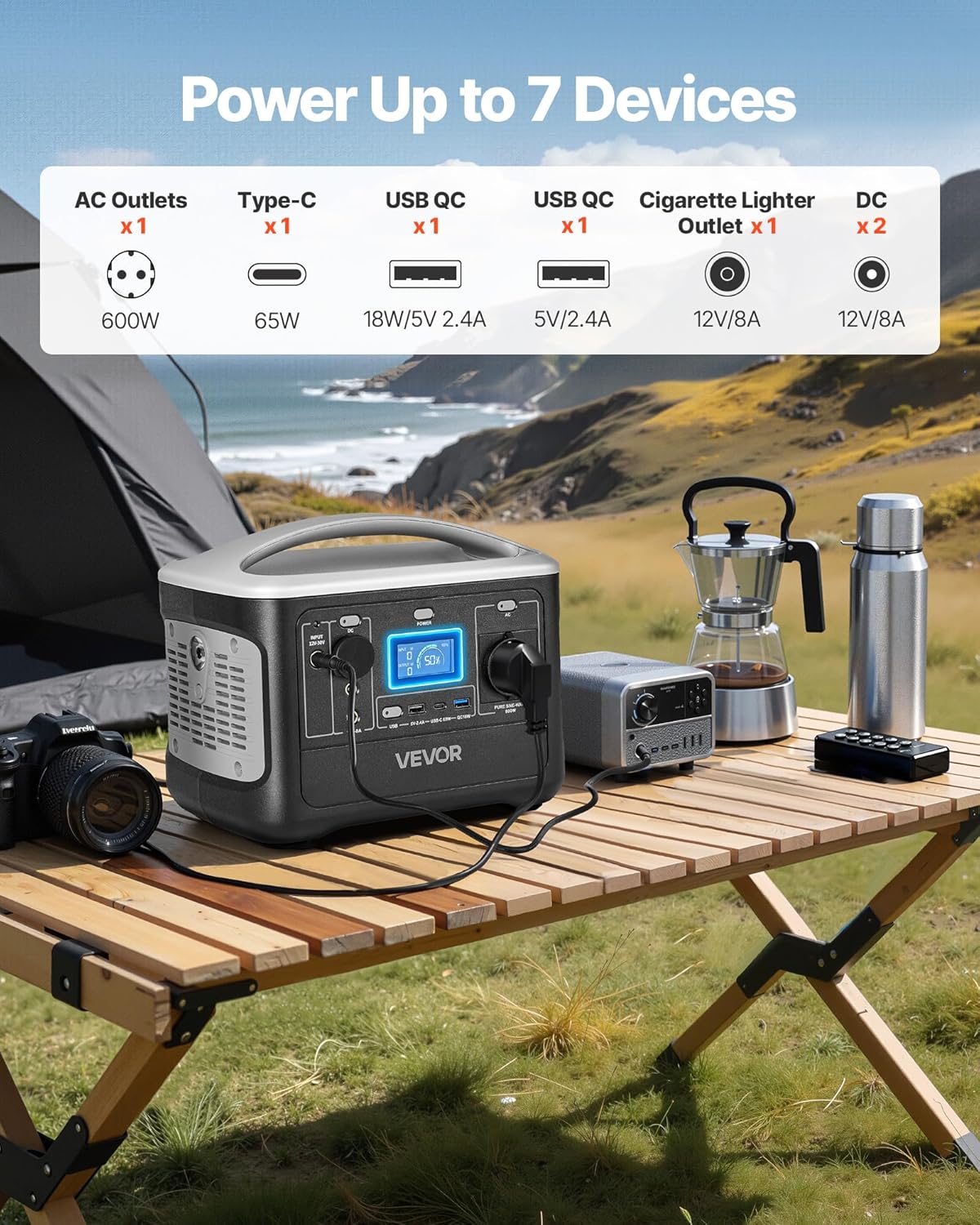VEVOR Draagbaar powerstation, 600 W, LifePO4-accu, 493 WH, met 7 uitgangen, voor thuis, camping, reizen in de camper, zonnepaneel niet inbegrepen