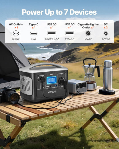 VEVOR Draagbaar powerstation, 600 W, LifePO4-accu, 493 WH, met 7 uitgangen, voor thuis, camping, reizen in de camper, zonnepaneel niet inbegrepen