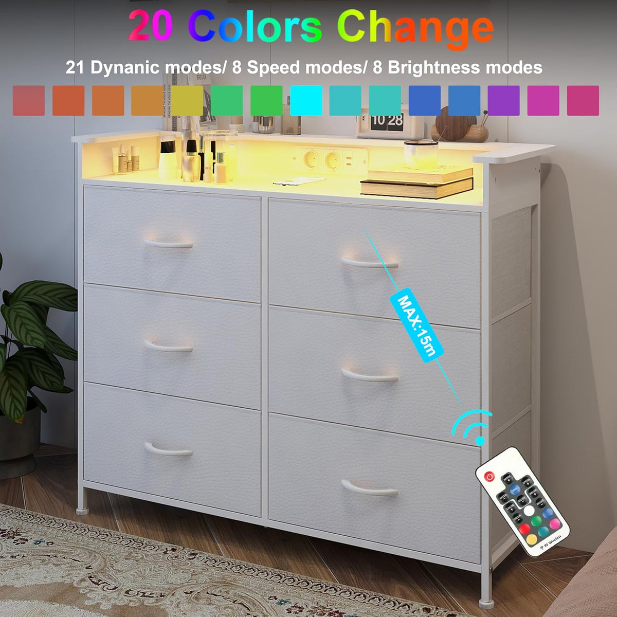 VEDECASA Commode met 6 laden en LED-verlichting. Dressoir met 2 USB-poorten & 2 stopcontacten. Opbergtoren met kast voor slaapkamer, woonkamer en hal, metalen frame, houten plaat