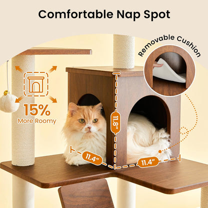 Grote Moderne Kattenboom - 178 cm Hoge Speeltoren voor Katten, Kattenmeubel met 7 Volledig Omwikkelde Krabpalen, 2 Ruime Platforms, Hangmat, Afneembaar Kussen en Pluche Ballen, Notenhout Bruin