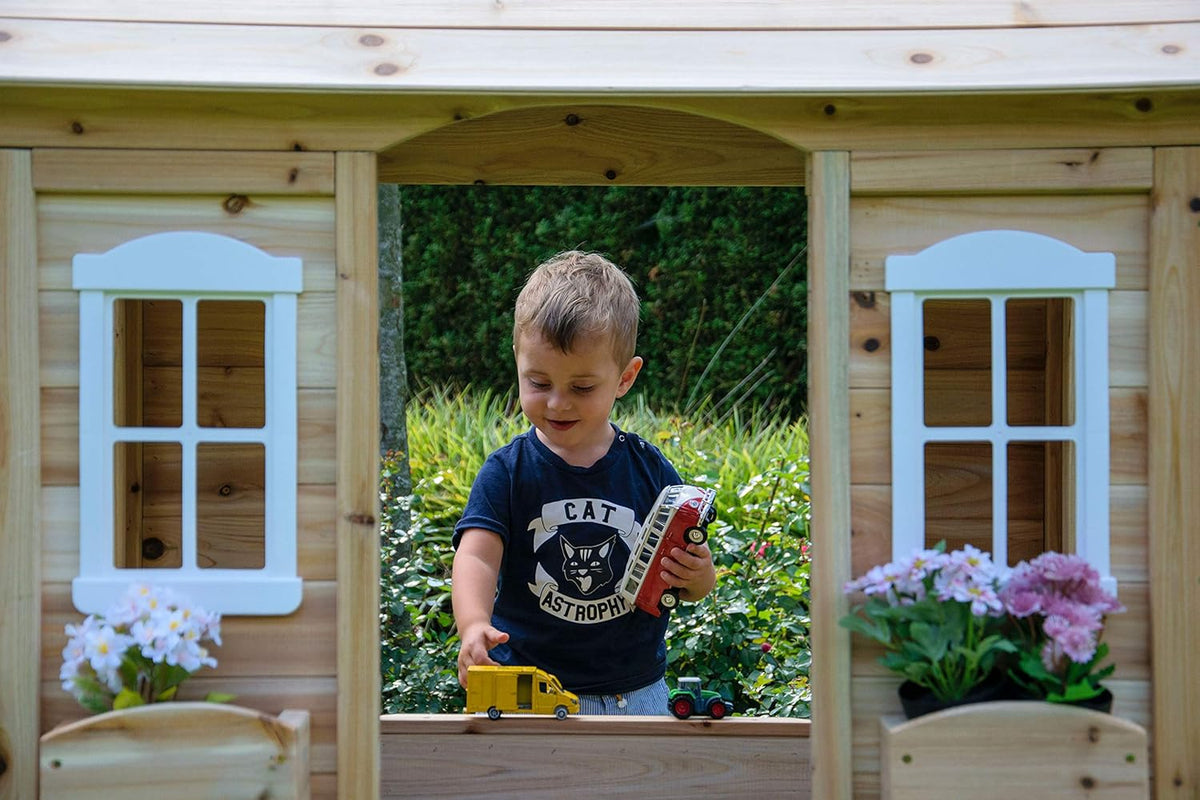 dobar® 94810FSCe Speelhuis met bloembakken, outdoorhuis voor kinderen, 1,10 m hoog, tuinspeelhuis van massief hout, weerbestendig kinderhuis met ramen, 107 x 92 x 144,5 cm, naturel