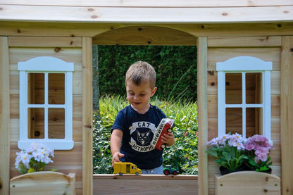 dobar® 94810FSCe Speelhuis met bloembakken, outdoorhuis voor kinderen, 1,10 m hoog, tuinspeelhuis van massief hout, weerbestendig kinderhuis met ramen, 107 x 92 x 144,5 cm, naturel