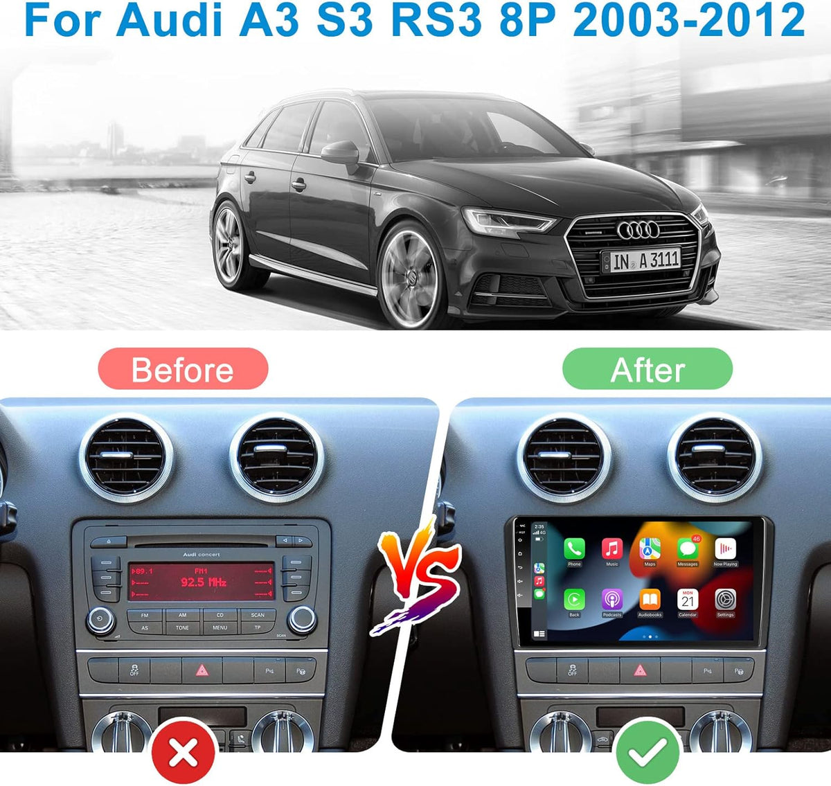 Woibugee Android 10 autoradio Wireless CarPlay Wireless Android auto voor Audi_A3 S3 RS3 2 GB + 32 GB 9 inch QLED scherm AM FM RDS radio WiFi dubbele Bluetooth audio auto stereo met navigatie