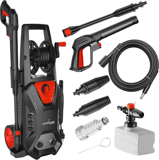 LEHMANN Hudson Hogedrukreiniger met Aluminium Pomp, 1800 W, Max. 220 Bar Druk, 450 l/h Debiet, Accessoires incl. Verstelbaar Mondstuk, Turbosproeier, Schuimlans