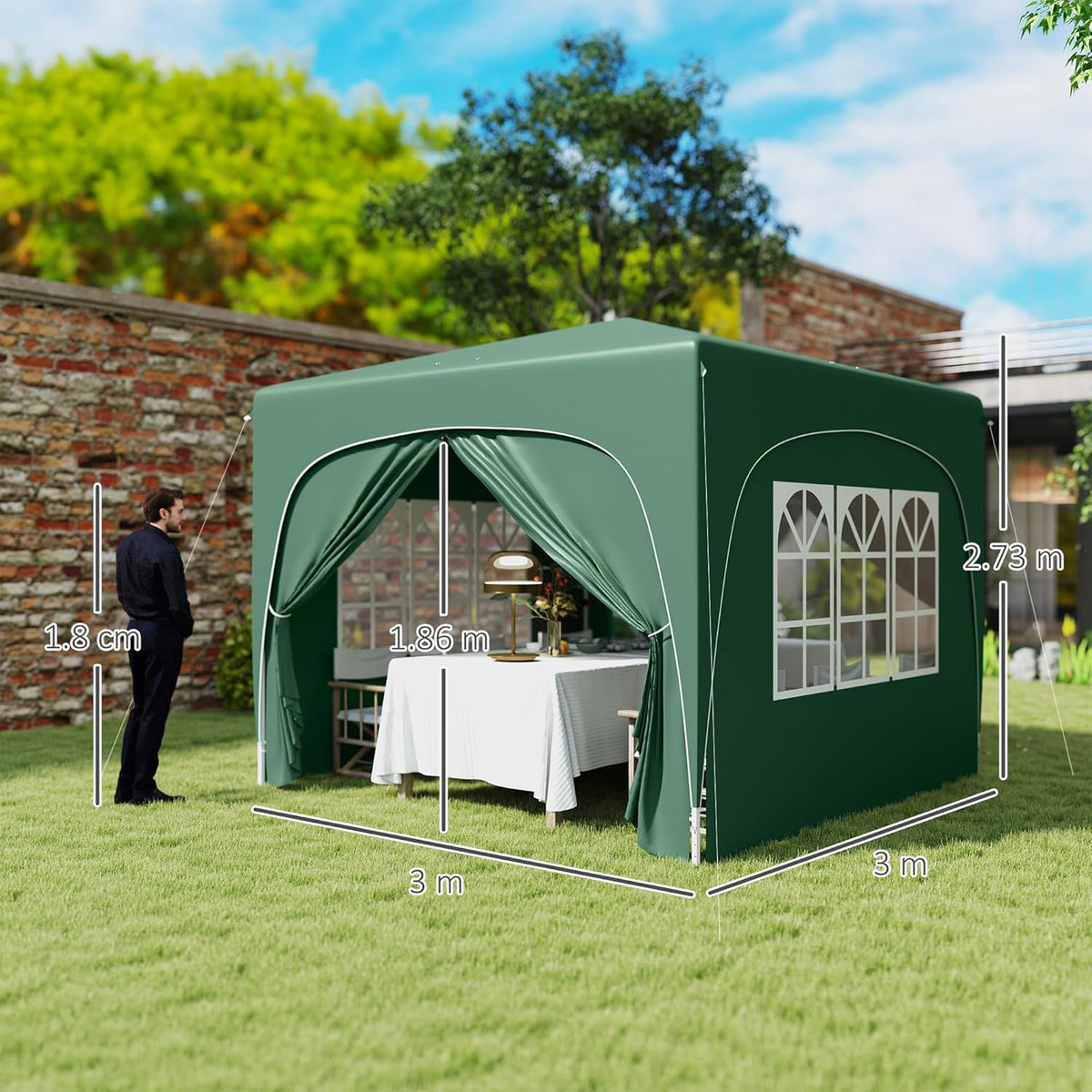 Outsunny UPF50+ 3x3 m Pop Up Gazebo with Sides and Carry Bag, UPF50+, Height-adjustable Gazebo, Instant Event Shelter for Garden, Outdoor, Patio, Dark Green - QUORE