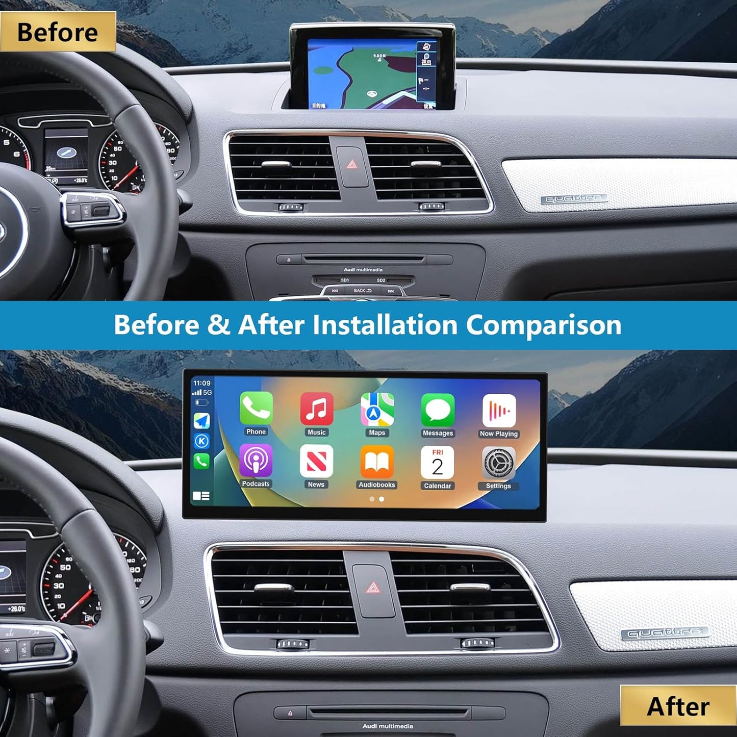12,3 Inch Autoradio – Multimedia Systeem – Touchscreen Navigatie – CarPlay Android Auto – Draadloos Verbonden – Compatible 2013-2018 Audi Q3 – Ondersteunt Mirrorlink & Achteruitrijcamera