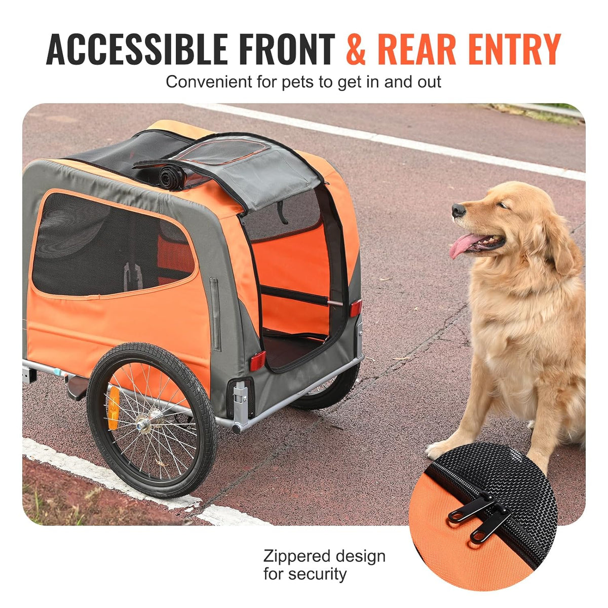 VEVOR Fietskar voor honden, inklapbaar, max. draagkracht 30 kg, kinderwagen voor huisdieren met snelontgrendelingswielen, stalen frame, fietskar voor aanhanger, dieren, oranje/grijs