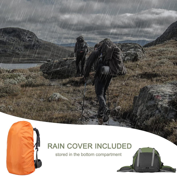 Wandelrugzak - Kampeertas - Trekking rugzak - Camping Essentials Tas - met Regenhoes 50L - Lichtgewicht - Waterdichte - 8 Verstelbare Riemen - Nylon - Groen