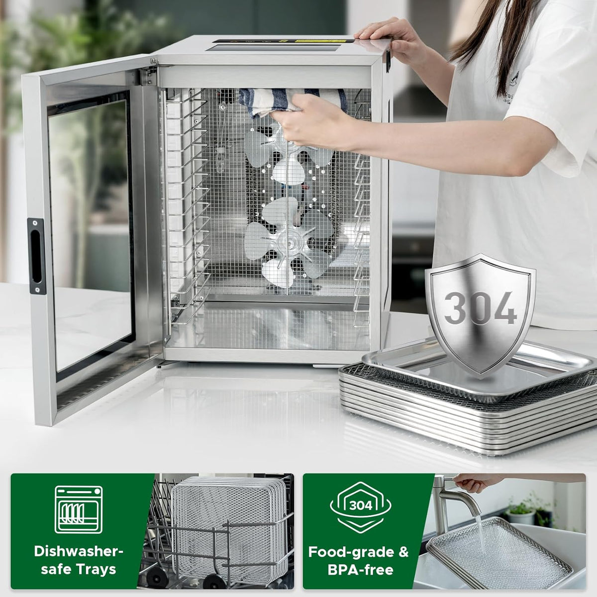 Kwasyo Voedseldroger van roestvrij staal, dubbele ventilator, 360 graden efficiënte droogmachine, 15 etages, temperatuurregeling van 30-90 °C, timer 24 uur, oververhittingsbeveiliging, receptenboekje