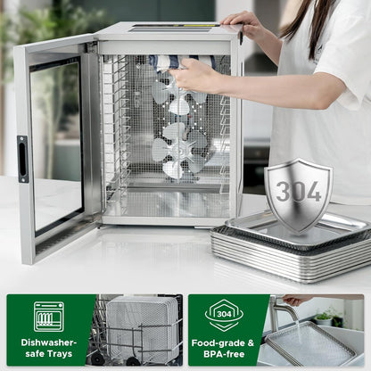 Kwasyo Voedseldroger van roestvrij staal, dubbele ventilator, 360 graden efficiënte droogmachine, 15 etages, temperatuurregeling van 30-90 °C, timer 24 uur, oververhittingsbeveiliging, receptenboekje
