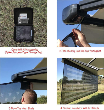 Tentproinc RV luifel zonnescherm 7' X 12' 3'' (Amerikaanse vlag) zwart gaas zonnescherm camper trailer luifel schaduwscherm UV-blokker voltooide kits