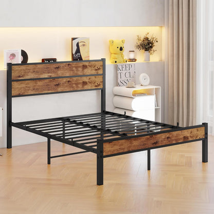 Bed 120x200, Bed frame Kinderbed 120x200 met lattenbodem van metaal, Bedframe met houten hoofdeinde en opbergruimte eronder, Gastenbed Tweepersoonsbed, Robuust en Stabiel Bed Frame, Bruin