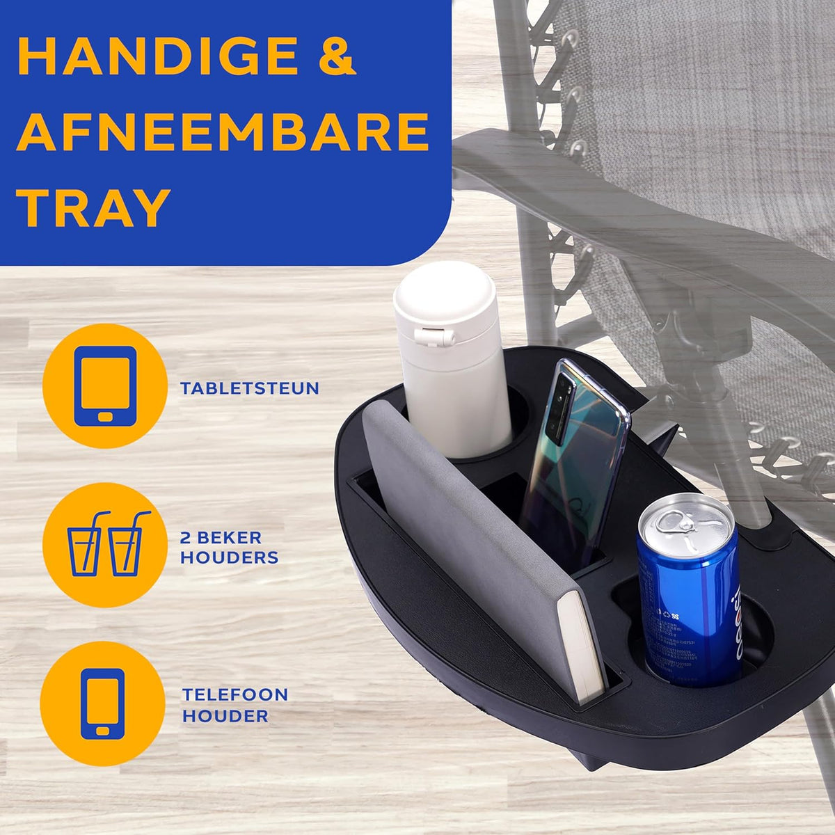 Serenelife Sun Lounger, Set of 2 Sun Loungers - Adjustable Garden Loungers with Side Table, Cup Holders, Removable Cushions - Foldable and Portable Lounge Chairs for Terrace, Garden, Beach - Anthracite - QUORE