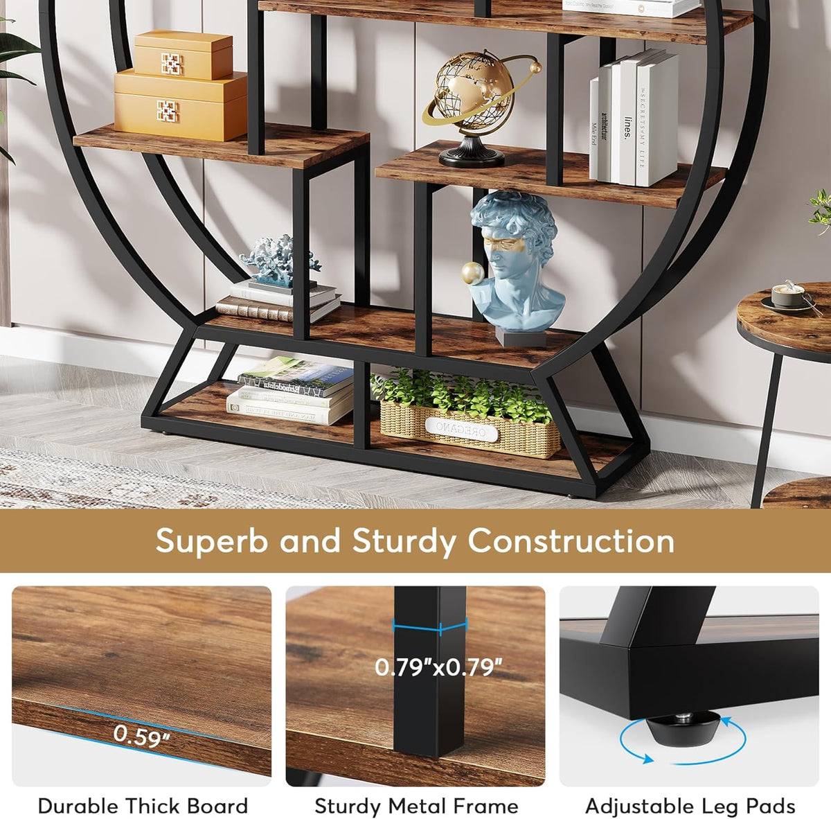Tribesigns Round Bookcase, 5 Tiers Standing Storage Stand, 160cm High, Rustic Open Organizer for Home, Office, Living Room, Brown