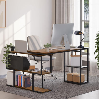 Mondeer L-vormig computerbureau, hoekbureau, 360° draaibare planken en verstelbare opbergplanken, ruimtebesparend voor thuiskantoor, studio-werkstation, rustiek bruin en zwart