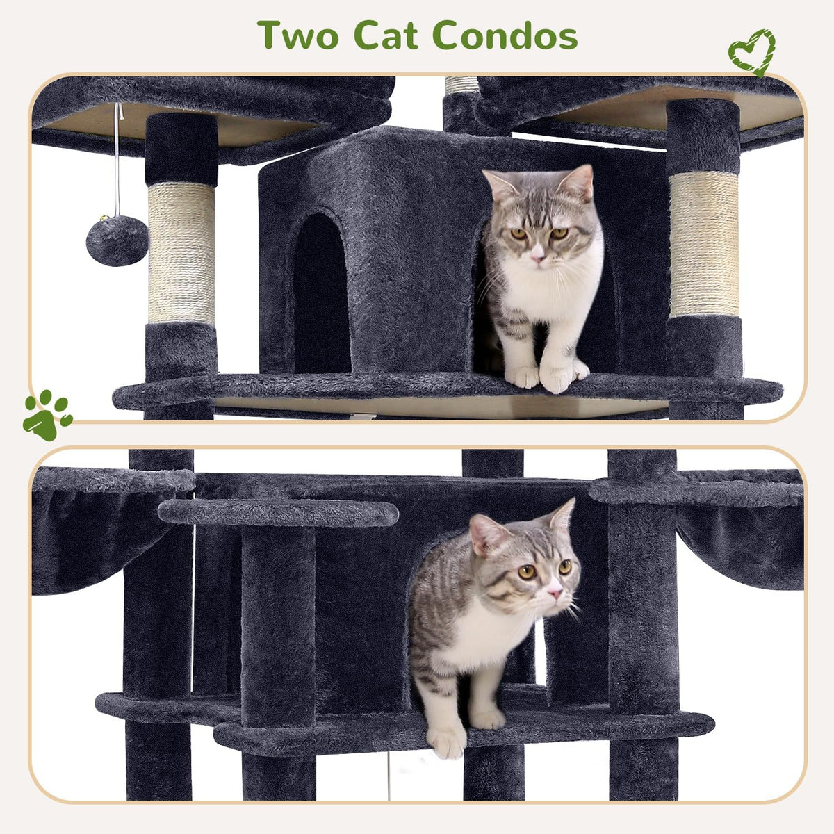 Kattenkrabpaal XXL – Krabmeubel – Kattenboom – Krabpaal – Speelmeubel – Extra Hoog 204 cm – Zachte Pluche Bekleding – 3 Afneembare Zitstokken – 2 Kattenhuisjes – Donkergrijs