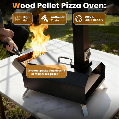 Draagbare opvouwbare 11 inch houtpellets pizzaoven, buitengebruik met ingebouwde thermometer en vierkante pizzasteen, geweldig voor kamperen, achtertuin, terras, tuin en feesten