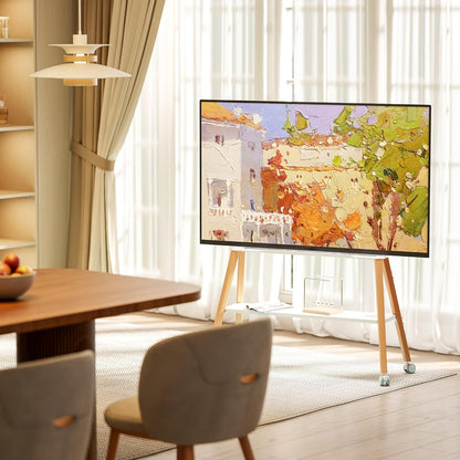 Easel TV standaard met wielen voor 49 tot 75 inch tv tot 40 kg, Easel Design met metalen structuur en houten plank, beweegbare tv-standaard op wielen voor winkel, kantoor, school, huis