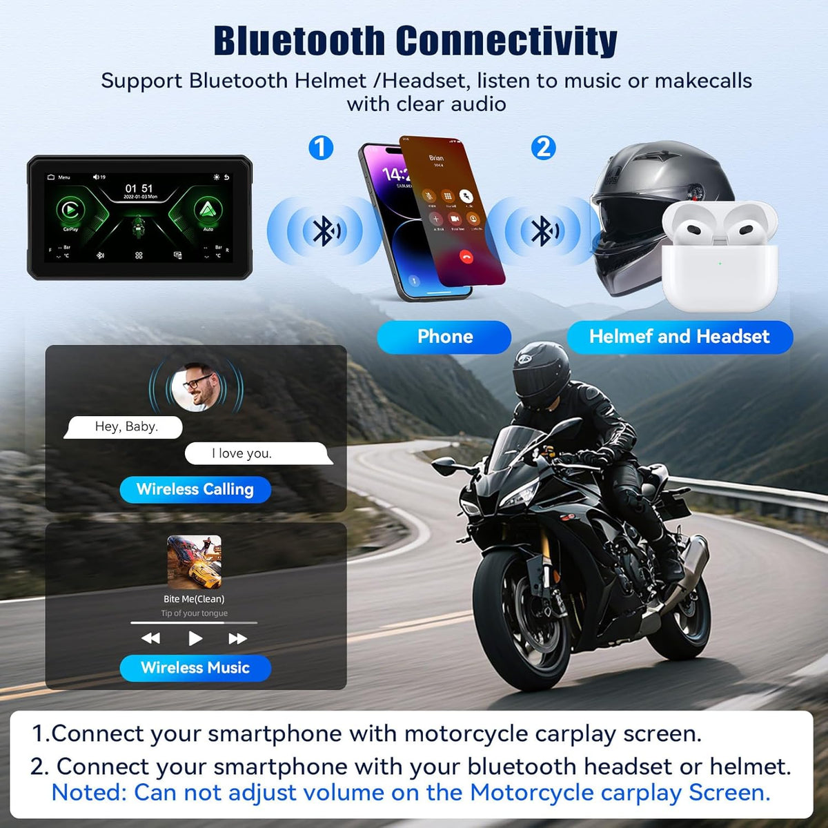 Motor GPS Navigatie Display met draadloze CarPlay en Android Auto, 6-inch IP68 waterdichte motorfiets Navigatie met Bluetooth Mirror Link, Siri EQ en bandenspanningssensor