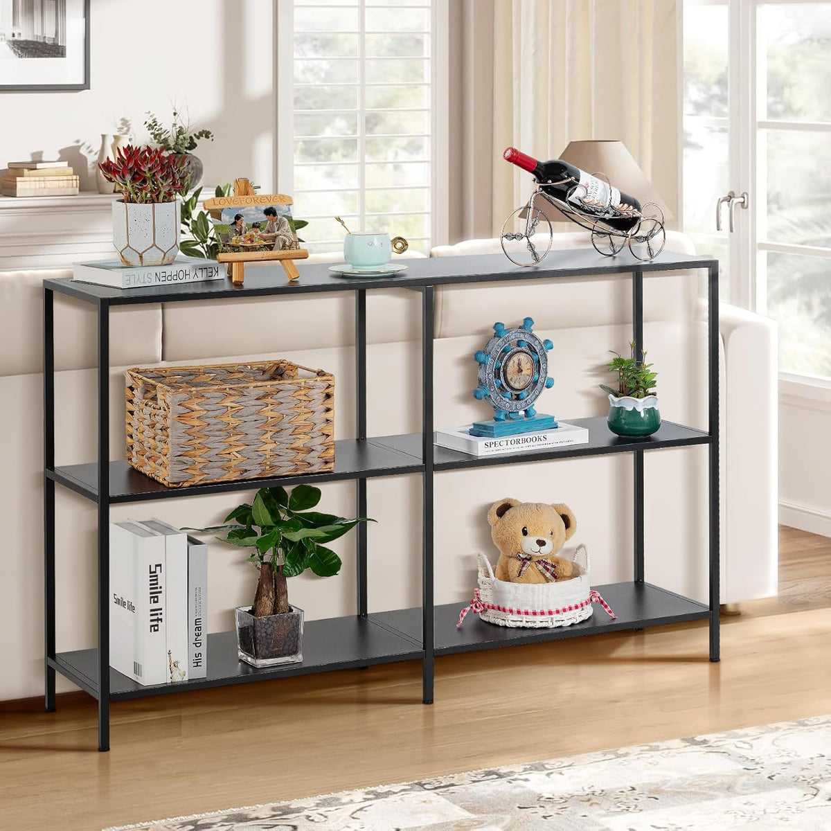 HDANI Metalen consoletafel van 120 cm met 3 niveaus, smalle ingangstafel, moderne sofatafels voor entree, woonkamer, slaapkamer, zwart