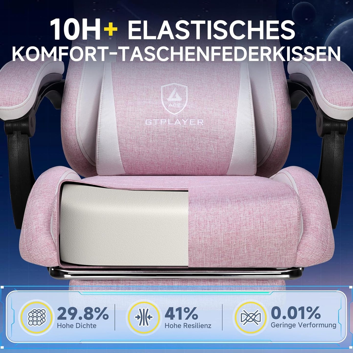GTPLAYER Ergonomic Linen Gaming Chair with Lumbar Support, Computer Chair with Extended Backrest, Supports up to 150 kg, Pink - QUORE