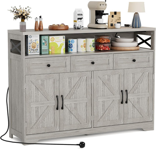 Sideboard, keukenkast met laden, opbergkast, dressoir met open plank, koffiebar kast voor keuken, eetkamer, woonkamer, 130 x 35 x 95 cm, lichtgrijs