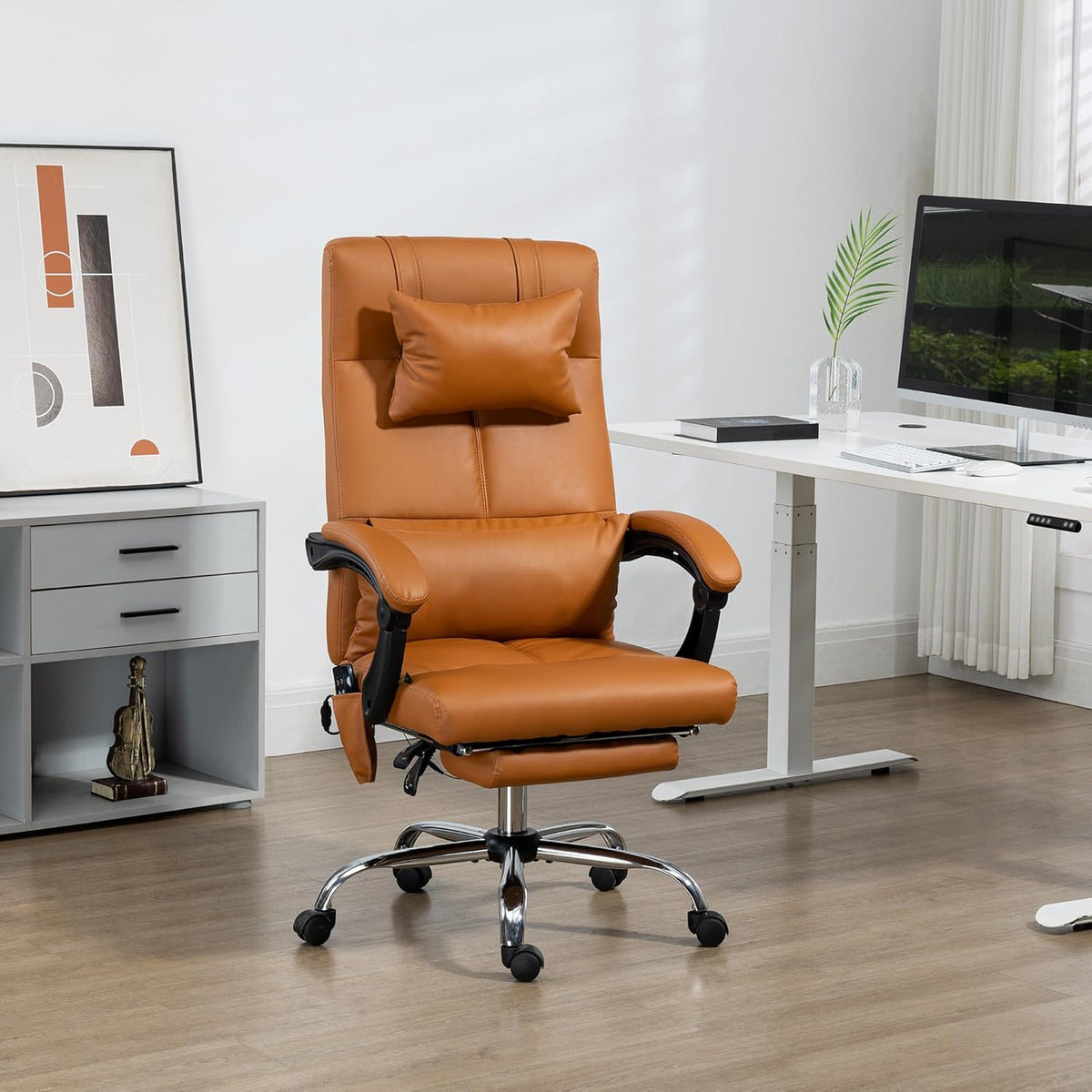 Vinsetto Bureaustoel met massagefunctie, ergonomische managersstoel met verwarming, ligfunctie, lendensteun en hoofdkussen, in hoogte verstelbare draaistoel met kantelfunctie, voetensteun, bruin