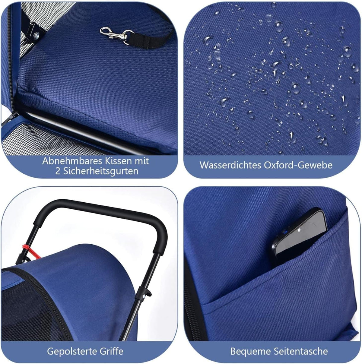 FANTASK Hondenwagen met 2 etages, met netvensters en bekerhouders, huisdierbuggy tot 16 kg, kattenbuggy voor 2 kleine honden en katten, hondenbuggy en aanhanger, blauw
