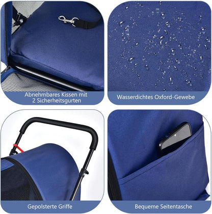 FANTASK Hondenwagen met 2 etages, met netvensters en bekerhouders, huisdierbuggy tot 16 kg, kattenbuggy voor 2 kleine honden en katten, hondenbuggy en aanhanger, blauw
