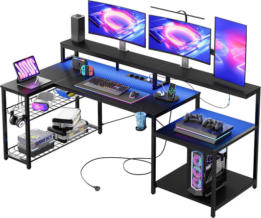 Bestier Gamingtafel, 181 cm, gamingbureau met ledverlichting, pc-tafel, gaming met 3 AC-stopcontacten en 2 USB-oplaadaansluitingen, computertafel met royale monitorplank