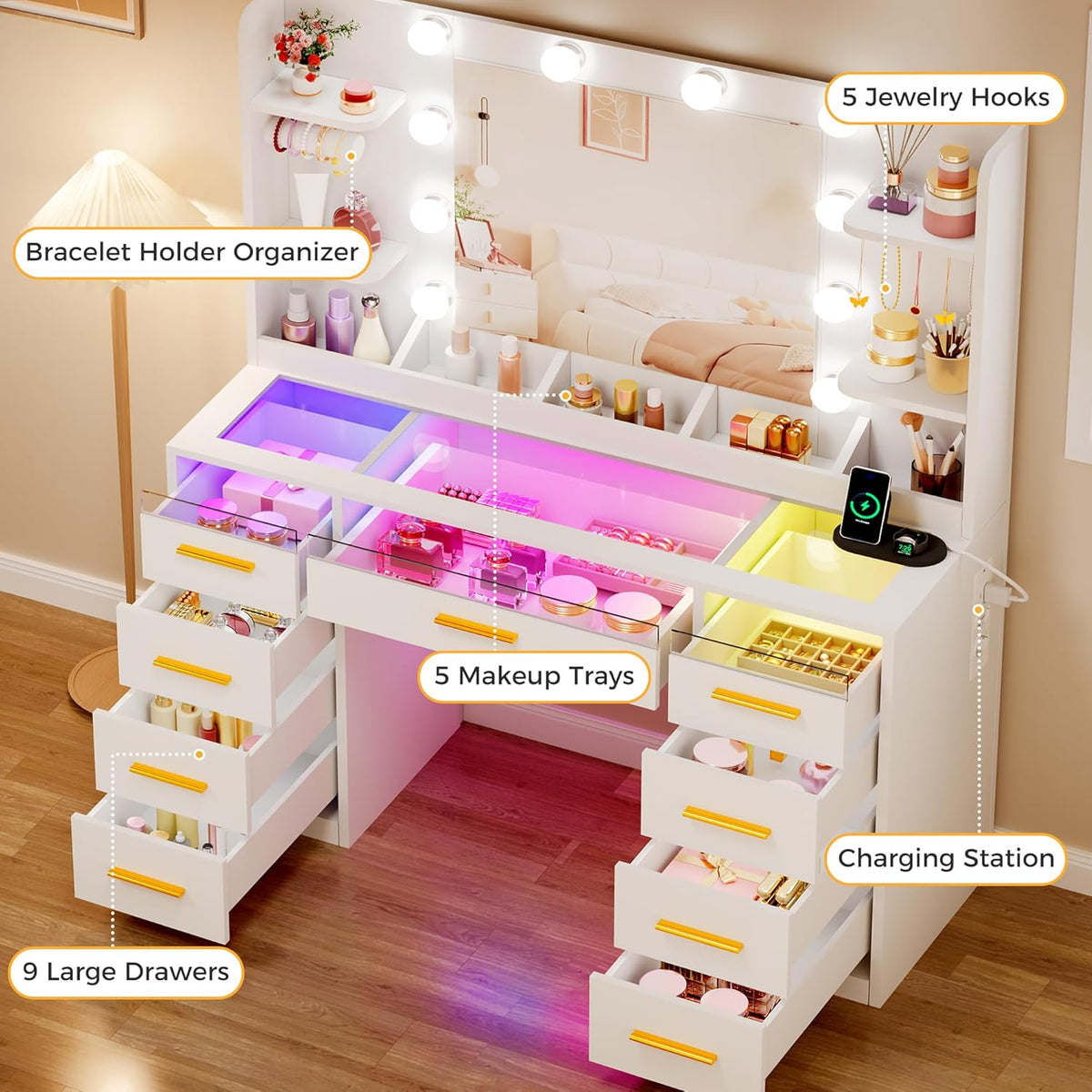 ANWBROAD Makeup Table with Mirror and Adjustable LED Lighting, 3 Colours, Transparent Glass Pane, Large Dressing Table with Socket, 9 RGB Drawers, 4 Shelves, White BDT95W - QUORE