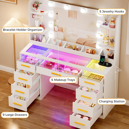 ANWBROAD Makeup Table with Mirror and Adjustable LED Lighting, 3 Colours, Transparent Glass Pane, Large Dressing Table with Socket, 9 RGB Drawers, 4 Shelves, White BDT95W - QUORE
