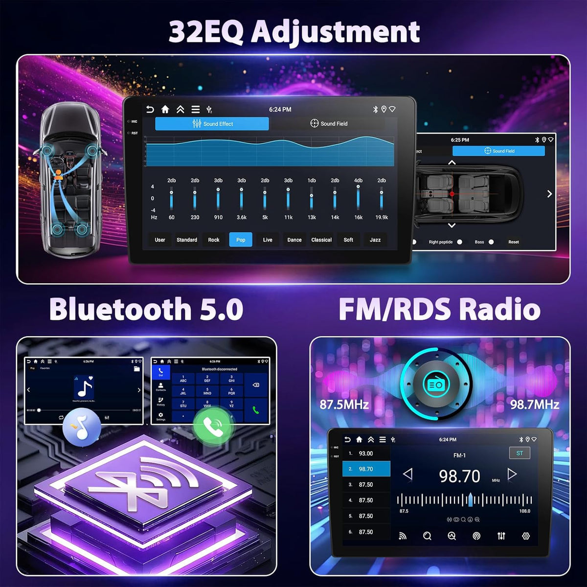 Autoradio, Android 4G + 128G, 9 inch, 1280P HD, inclusief touchscreen, 2 Din autoradio, Android 15 stereo radio, IOS Carplay, Bluetooth 5.0, GPS, WiFi, 2 USB en back-upcamera AHD 720P