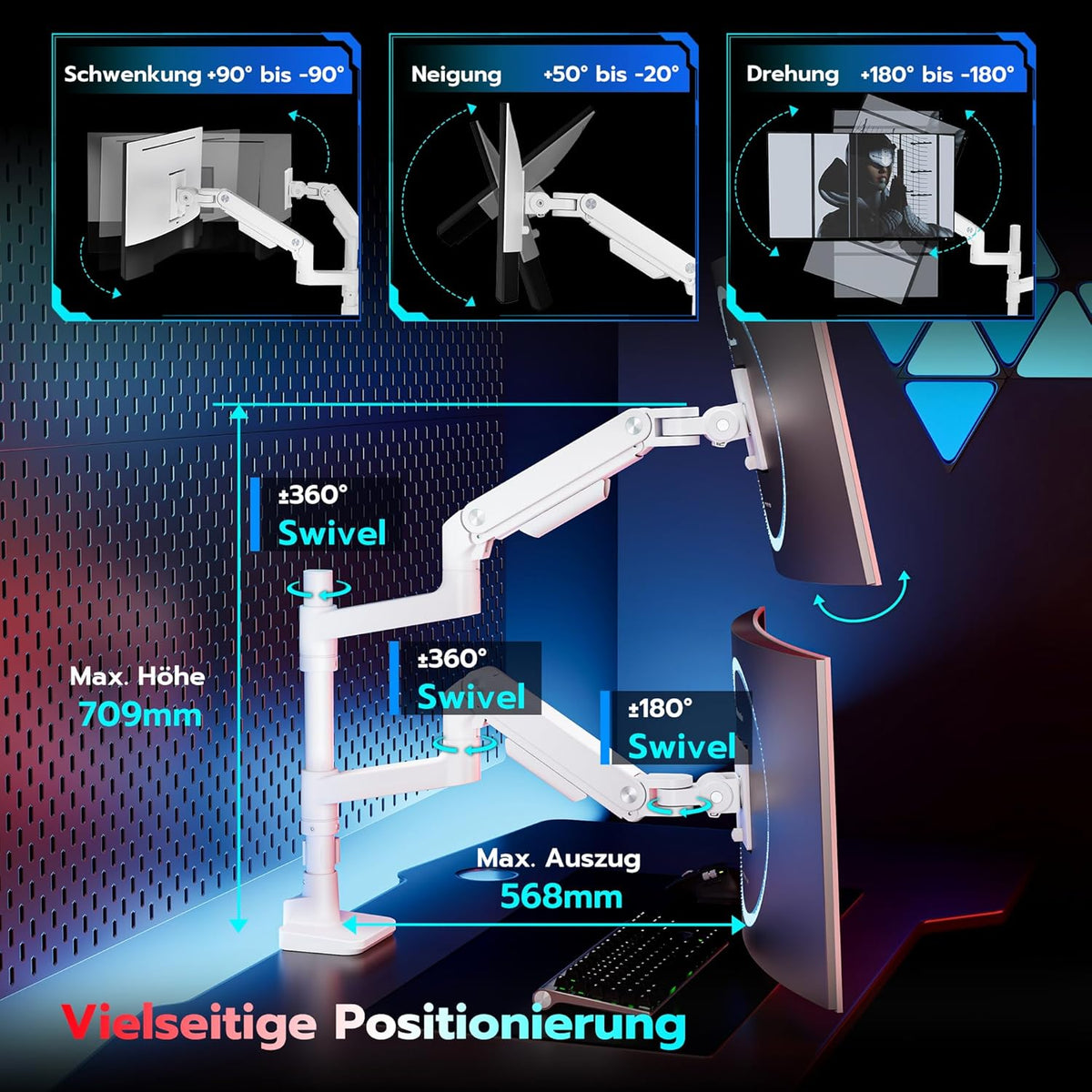 ARES WING Monitorhouder, 2 monitoren voor 17-49 inch beeldschermen, monitorhouder verticaal met gasveer, in hoogte verstelbaar, draaibare monitorhouder, max. 20 kg/arm, monitorarm, wit