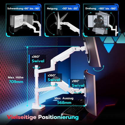 ARES WING Monitorhouder, 2 monitoren voor 17-49 inch beeldschermen, monitorhouder verticaal met gasveer, in hoogte verstelbaar, draaibare monitorhouder, max. 20 kg/arm, monitorarm, wit