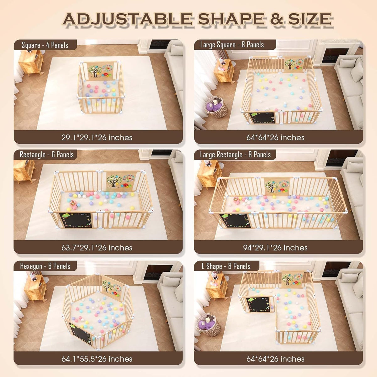 Wooden Baby Playpen with Door, Interchangeable & Expandable Play Gate for Toddlers, Wooden Playpen for Kids with Chalk Whiteboard & Montessori Games (66cm High 8-Panel) - QUORE