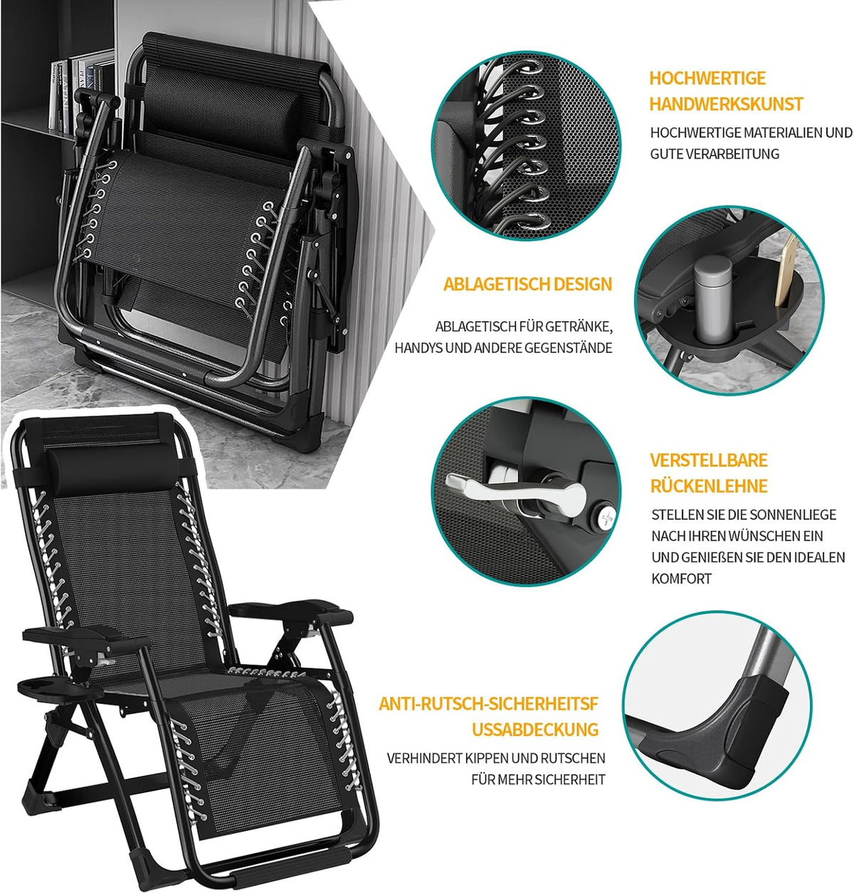 Ligstoel inklapbaar zonnebed met afdekking, ligstoel voor lunchpauze, belastbaar, 240 kg, verstelbaar, rugleuning tuinstoel, ergonomisch en ademend