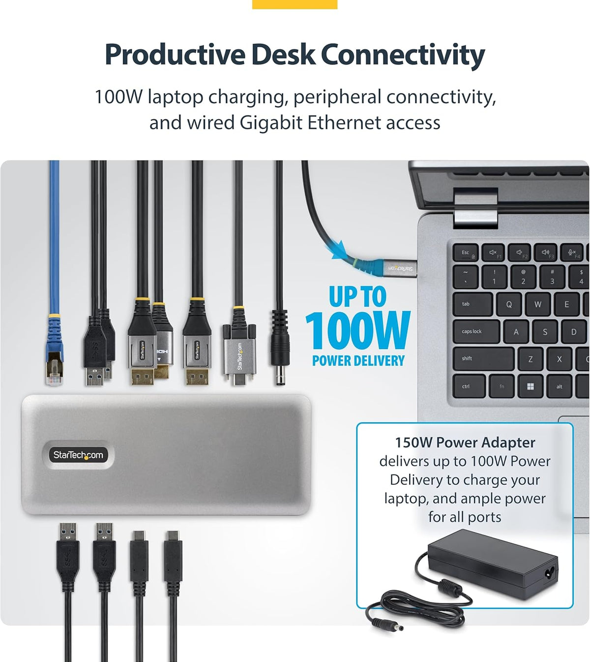 StarTech Triple-Monitor USB-C Docking Station, DisplayPort/HDMI, 4K 60Hz, 100W PD, 1GbE, Driverless, Multi-Monitor Dock